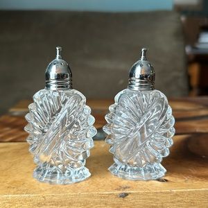 Vintage cut glass with chrome salt and pepper set.